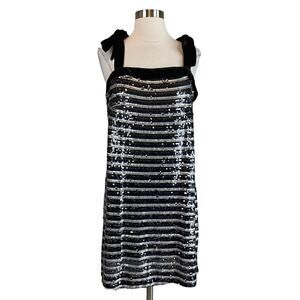 AQUA Women's Cocktail Dress Size 10 Black and Silver Sequined Striped Shift